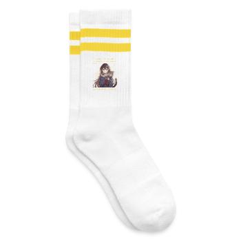 Anime Girl liebt Katzen – Cute Otaku Design - Gestreifte Tennissocken - Weiß/Gelb - Rechts