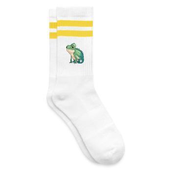 Kleines Chamäleon Motiv – Grün Cartoon - Gestreifte Tennissocken - Weiß/Gelb - Rechts