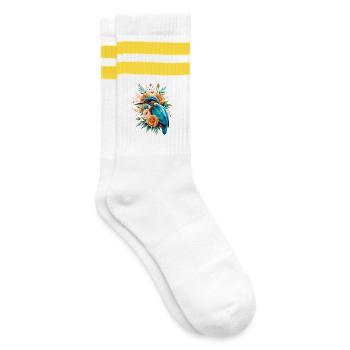 Königfischer im Blütenkranz - Gestreifte Tennissocken - Weiß/Gelb - Rechts