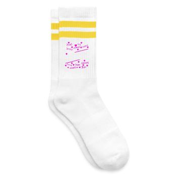 Pink Hearts Positive Inspirational Words Art Tee - Gestreifte Tennissocken - Weiß/Gelb - Rechts