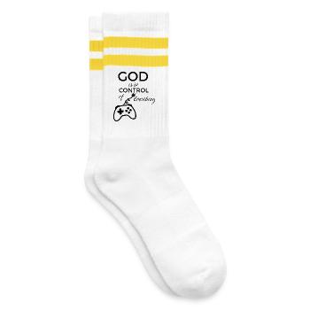 God Is In Control - Christian Faith & Trust - Striped tennis socks - white/yellow - Right