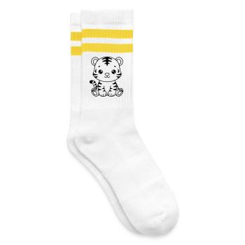 Süßes Tigerbaby – Schwarz-Weißes Junges - Gestreifte Tennissocken - Weiß/Gelb - Rechts