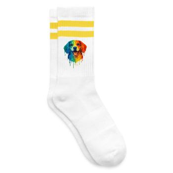 Beagle in bunten Farben - Gestreifte Tennissocken - Weiß/Gelb - Rechts