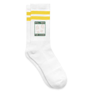 Will Hike For Cache Geocaching Graphic - Gestreifte Tennissocken - Weiß/Gelb - Rechts
