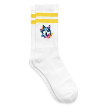 Bunter Husky Splash Art Hund - Gestreifte Tennissocken - Weiß/Gelb - Rechts