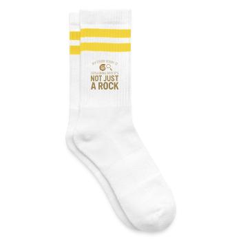 Kein Stein nur Fossil | Fossilienjagd Humor - Gestreifte Tennissocken - Weiß/Gelb - Rechts