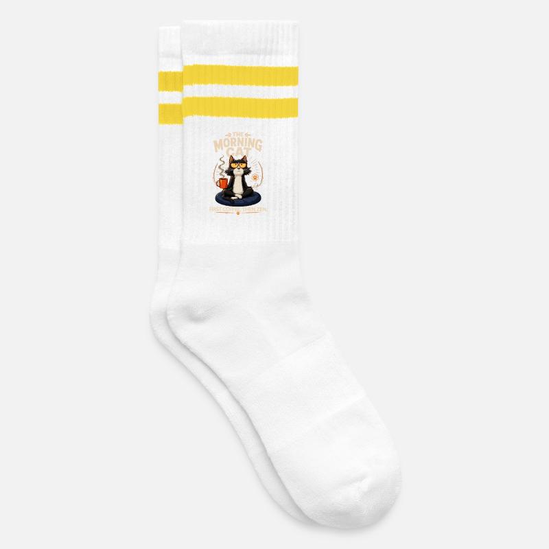 Morgenkatze: Kaffee Zen - Gestreifte Tennissocken - Weiß/Gelb