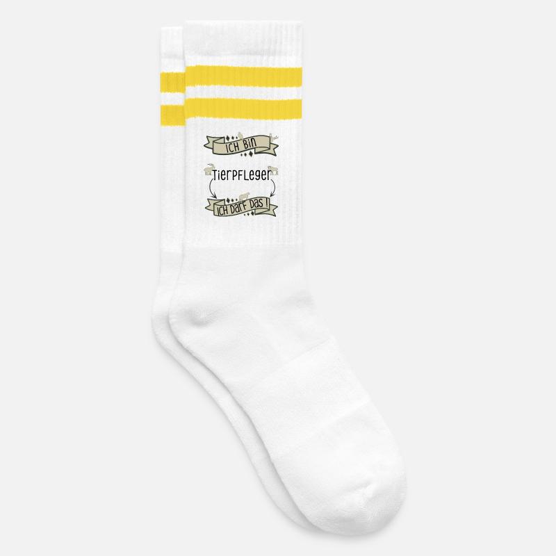 Lustiger Tierpfleger Spruch - ich darf das! - Gestreifte Tennissocken - Weiß/Gelb