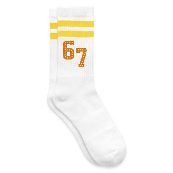 6 7 – Trendy minimalist text design, - Striped tennis socks - white/yellow - Right