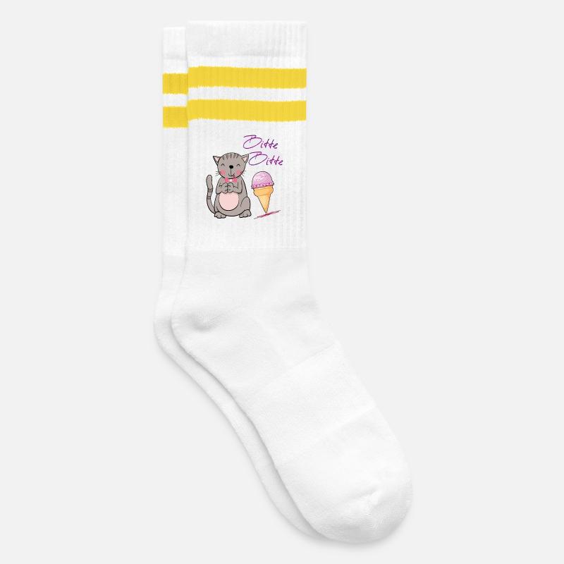 Katze mit Eistüte - Gestreifte Tennissocken - Weiß/Gelb