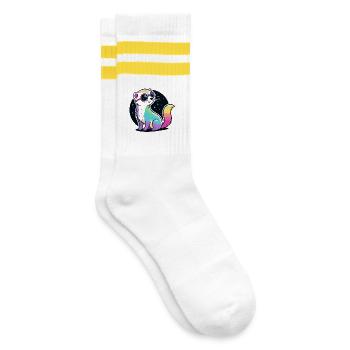 Cosmic Ferret Rainbow Pink Brille - Gestreifte Tennissocken - Weiß/Gelb - Rechts