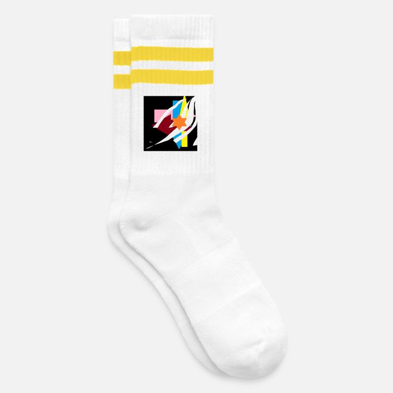 Geometrische Farbexplosion Sternakzent - Gestreifte Tennissocken - Weiß/Gelb