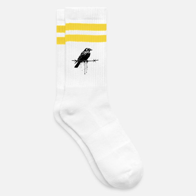 Rabe auf Stacheldraht-Tinte - Gestreifte Tennissocken - Weiß/Gelb