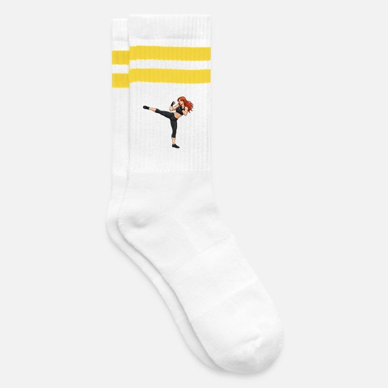 Kampfkunst Kickboxerin Illustration - Gestreifte Tennissocken - Weiß/Gelb