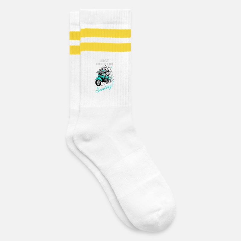 Just Keep On Scooting – Comic Scooter Fun - Gestreifte Tennissocken - Weiß/Gelb