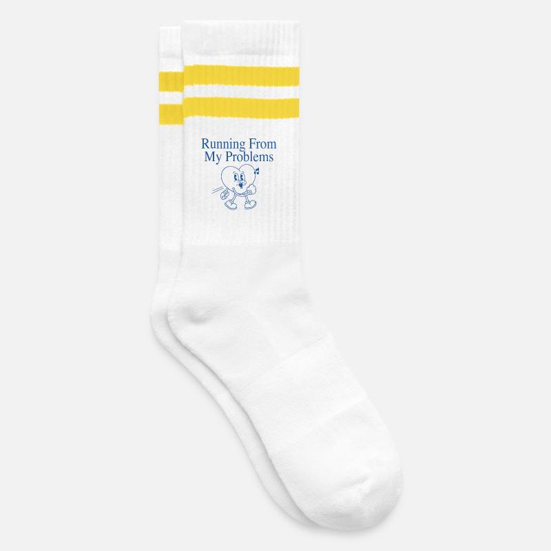 Laufendes Herz – Running From My Problems - Gestreifte Tennissocken - Weiß/Gelb