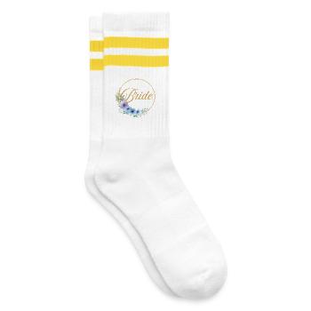 Team Bride! Circle, Floral, Blue, Purple, Gold - Striped tennis socks - white/yellow - Right