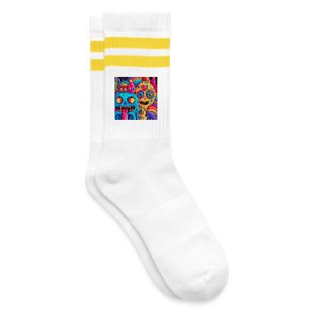 Bunte psychedelische Fantasiewesen - Gestreifte Tennissocken - Weiß/Gelb - Rechts
