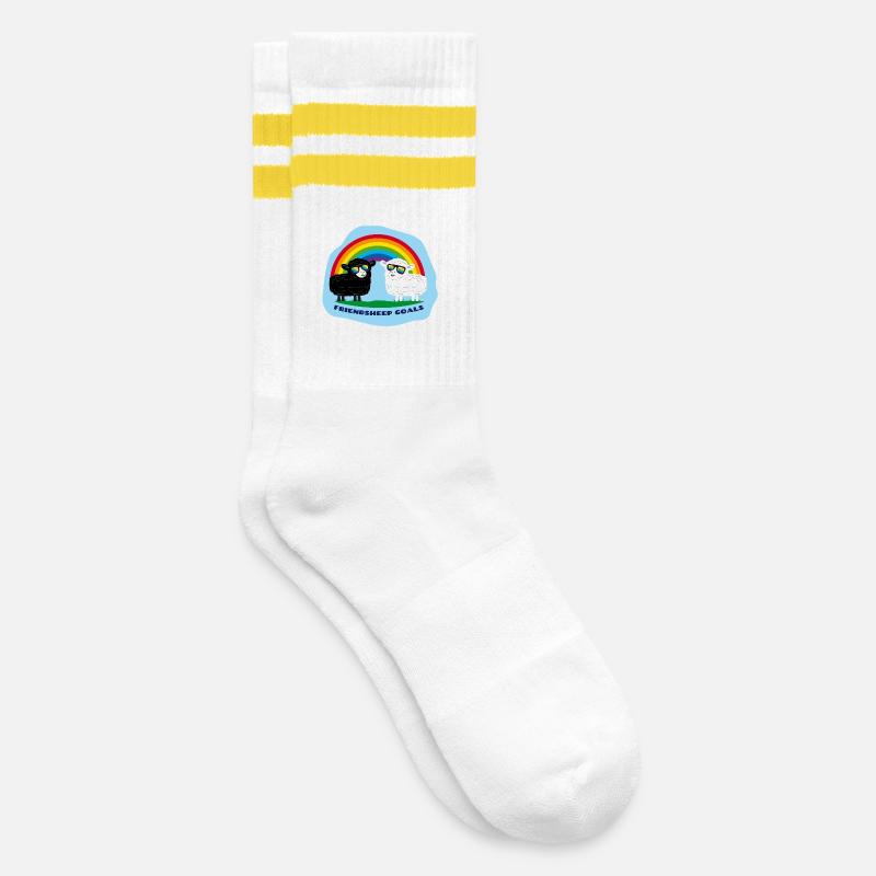 Freundschafts-Schafe mit Regenbogen - Gestreifte Tennissocken - Weiß/Gelb