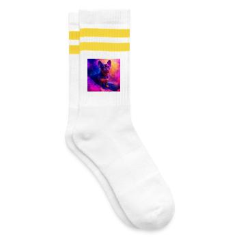 Farbiger French Bulldog Kunstdesign - Gestreifte Tennissocken - Weiß/Gelb - Rechts