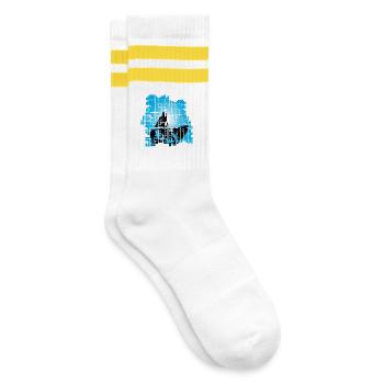 Katze im Pixelraster Blau - Gestreifte Tennissocken - Weiß/Gelb - Rechts