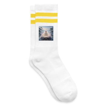 Man meditating on open lotus flower - Striped tennis socks - white/yellow - Right