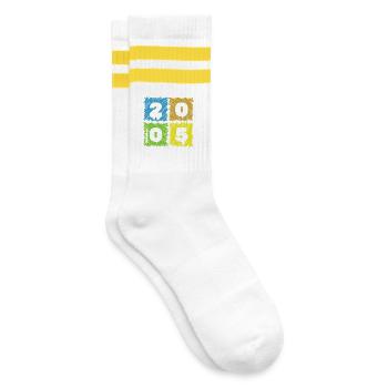 20. Geburtstag Farbige Patches since 10/2005 - Gestreifte Tennissocken - Weiß/Gelb - Rechts