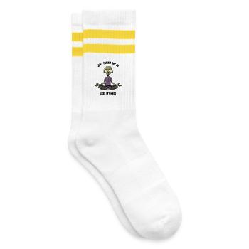 Zombie Zen in Lotus Position Meditation - Striped tennis socks - white/yellow - Right