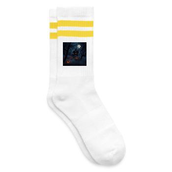 Haunted house under moon and pumpkins - Striped tennis socks - white/yellow - Right