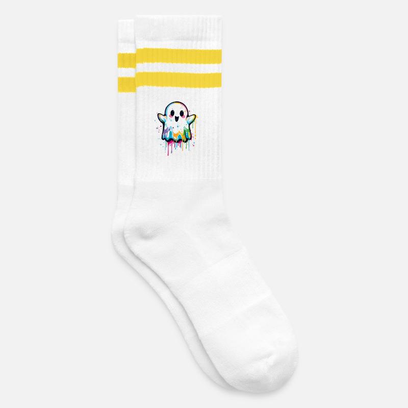 Bunter Graffiti Geist – Süß & Halloween Style - Gestreifte Tennissocken - Weiß/Gelb