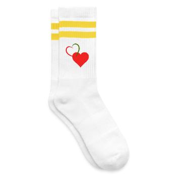Rotes und grünes Herz - Gestreifte Tennissocken - Weiß/Gelb - Rechts