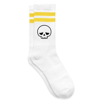 Trauriger Totenkopf | Emo & Goth Design - Gestreifte Tennissocken - Weiß/Gelb - Rechts