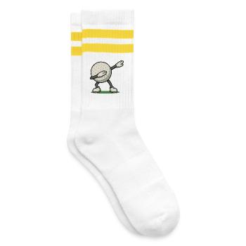 Lustiges Golf Dabbing Golfball Golfer Design - Gestreifte Tennissocken - Weiß/Gelb - Rechts