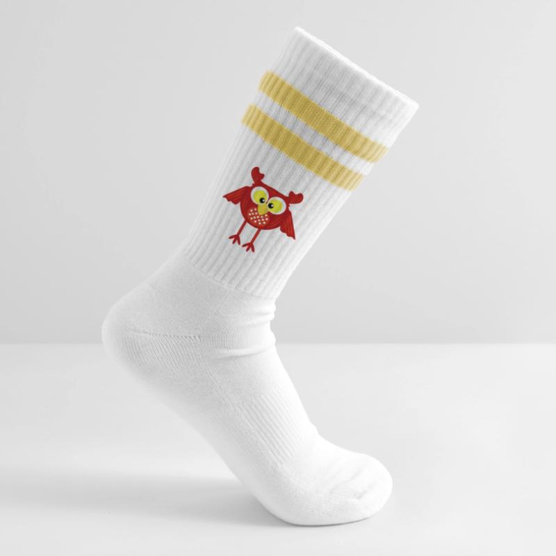 Rote Eule auf langen Beinen Gestreifte Tennissocken