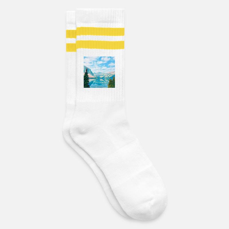 Sky blue mountain lake reflection - Striped tennis socks - white/yellow
