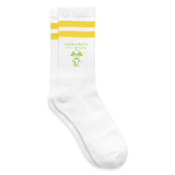 KawaiiDOGGOS – Clover "Selektiver Mutismus"-Druck - Gestreifte Tennissocken - Weiß/Gelb - Rechts