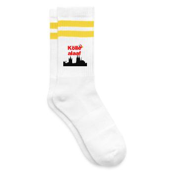 KÖLLE ALAF! 🃏KÖLN JECK, KARNEVAL, SESSION, KÖLSCH - Gestreifte Tennissocken - Weiß/Gelb - Rechts