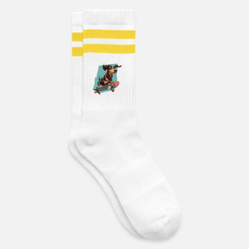 Skateboard-Dackel - Gestreifte Tennissocken - Weiß/Gelb