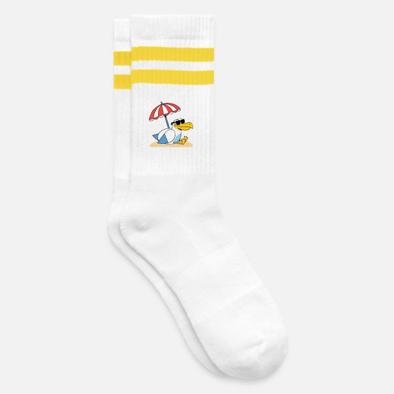 Sonniges Strand-Möwe mit Schirm - Gestreifte Tennissocken - Weiß/Gelb