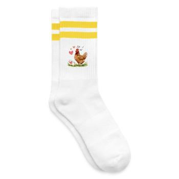 Heart Hen and Watercolor Eggs - Striped tennis socks - white/yellow - Right