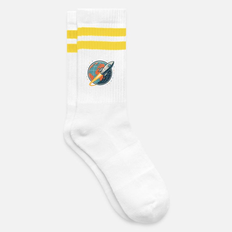 Rocket launch over globe - Striped tennis socks - white/yellow