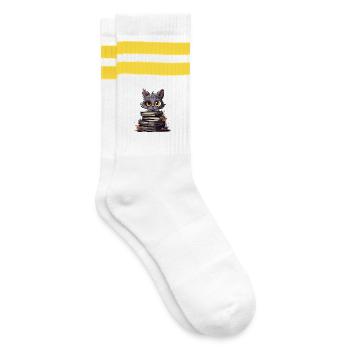 Kittens over stacks of books - Striped tennis socks - white/yellow - Right