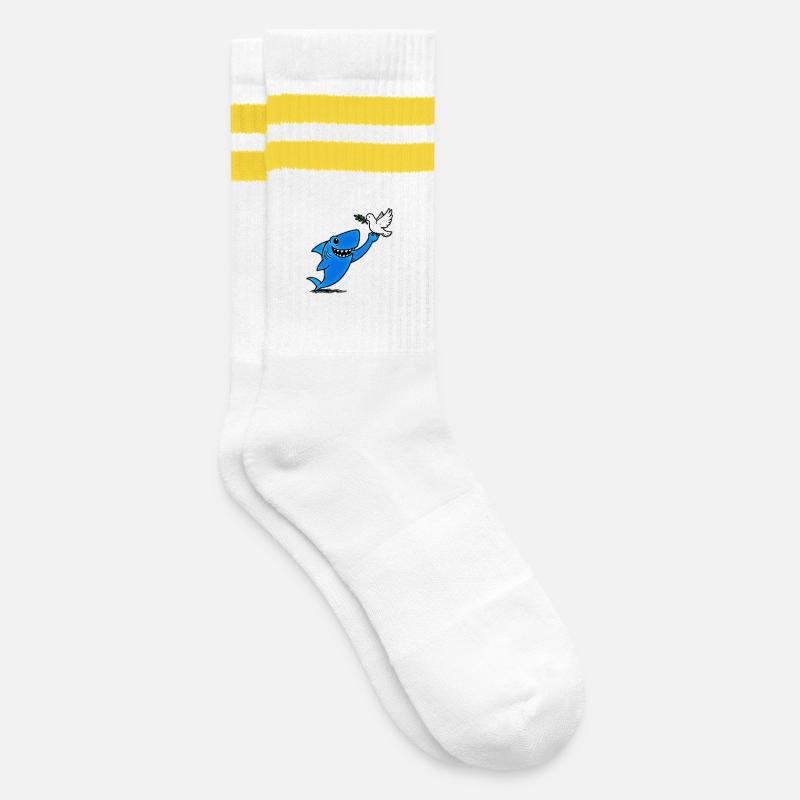 Blauer Hai trifft Friedenstaube - Gestreifte Tennissocken - Weiß/Gelb