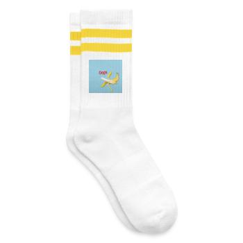 Oops Banane Humor Lustiges Rutsch Motiv - Gestreifte Tennissocken - Weiß/Gelb - Rechts