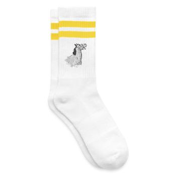 The head of a grey horse pulling on its lunge - Striped tennis socks - white/yellow - Right