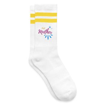 Best Mother Font with Spark Speckle - Striped tennis socks - white/yellow - Right