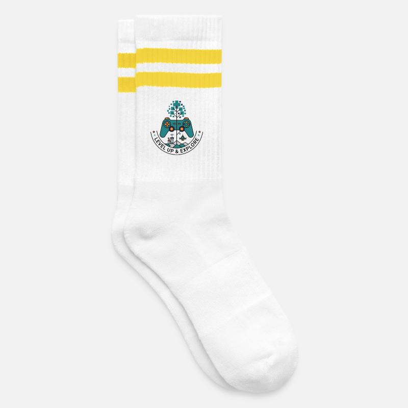 Level Up & Explore Badge - Gestreifte Tennissocken - Weiß/Gelb