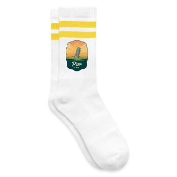 Pisa Schiefer Turm Vintage Sunset Abzeichen - Gestreifte Tennissocken - Weiß/Gelb - Rechts
