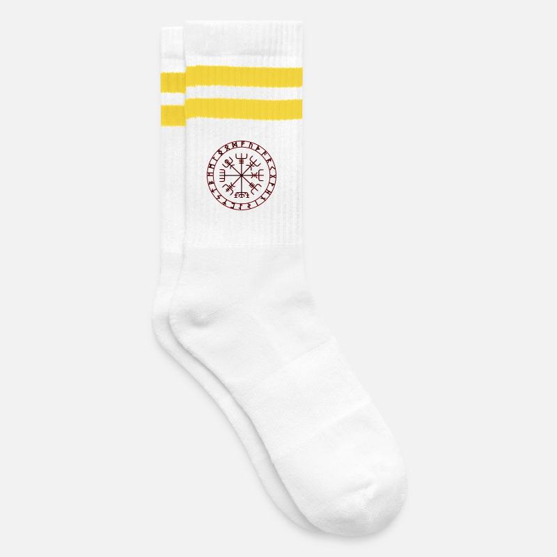 Wikinger Kompass -Vegvisir - Gestreifte Tennissocken - Weiß/Gelb