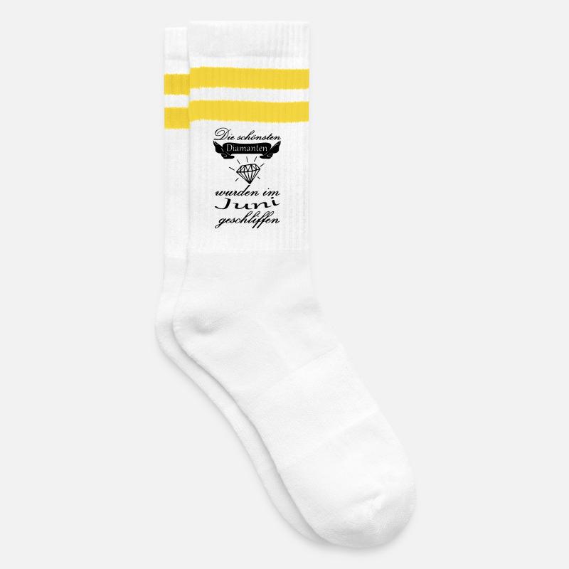 Juni Diamanten Geburtstag Geschenk Spruch - Gestreifte Tennissocken - Weiß/Gelb